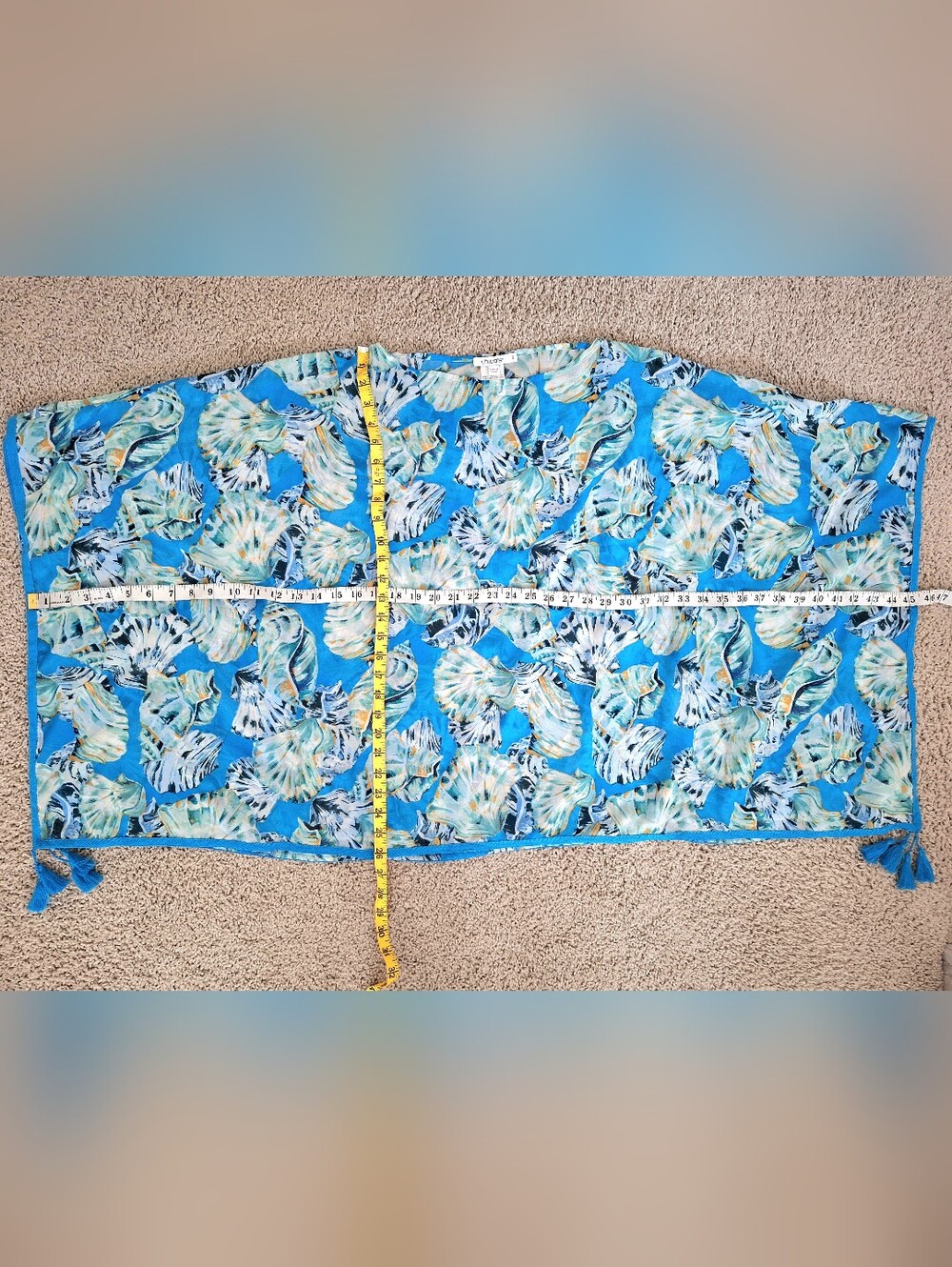 Chico's Poolside Blue Seashell Print Coastal Treasure Tassel Poncho Size Sm/Med - Picture 7 of 8